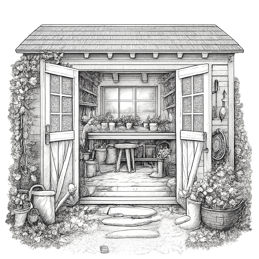 a picture of a potting shed with a bench full of plants inside